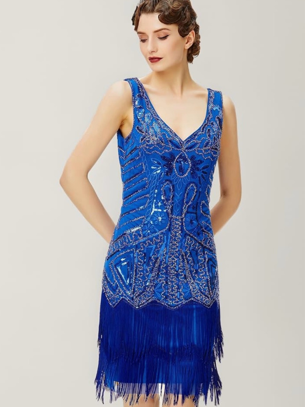 Babeyond Royal Blue 1920s Sequin Embellished Fringe Flapper Girl Mini Dress